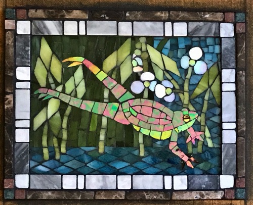 Leaping Frog; 8" x 10"; stained glass, marble; kitchen wall inset, private home